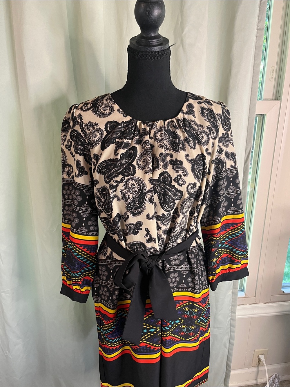 Diane VonFurstenberg Women's Black & Cream Printed Belted Silk Blouse Dress